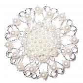 DecoStar™ JUMBO Round Ornate Pearl-Studded Brooch in Silver