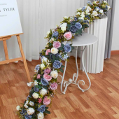 LUXE Blue & Pink Rose with Greenery Mixed Table Runner - 78 Inches