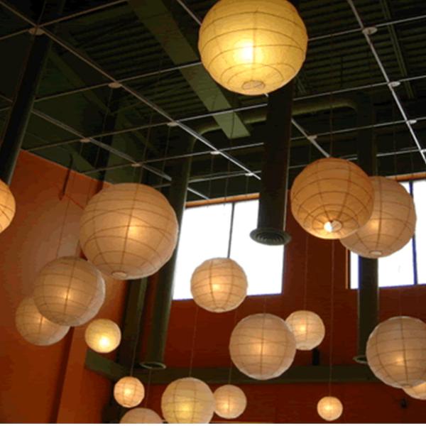 paper lanterns hanging from ceiling